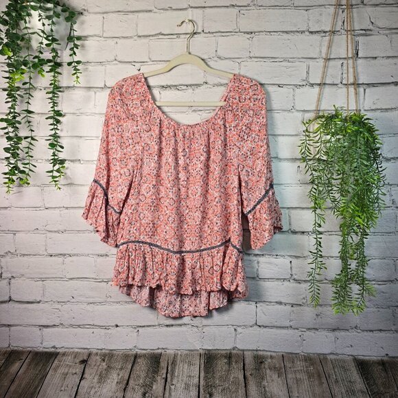 DEMOCRACY FLORAL FLOWY BOHO STYLE BLOUSE,  3/4 SLEEVE, RUFFLES, SIZE L - Picture 1 of 8